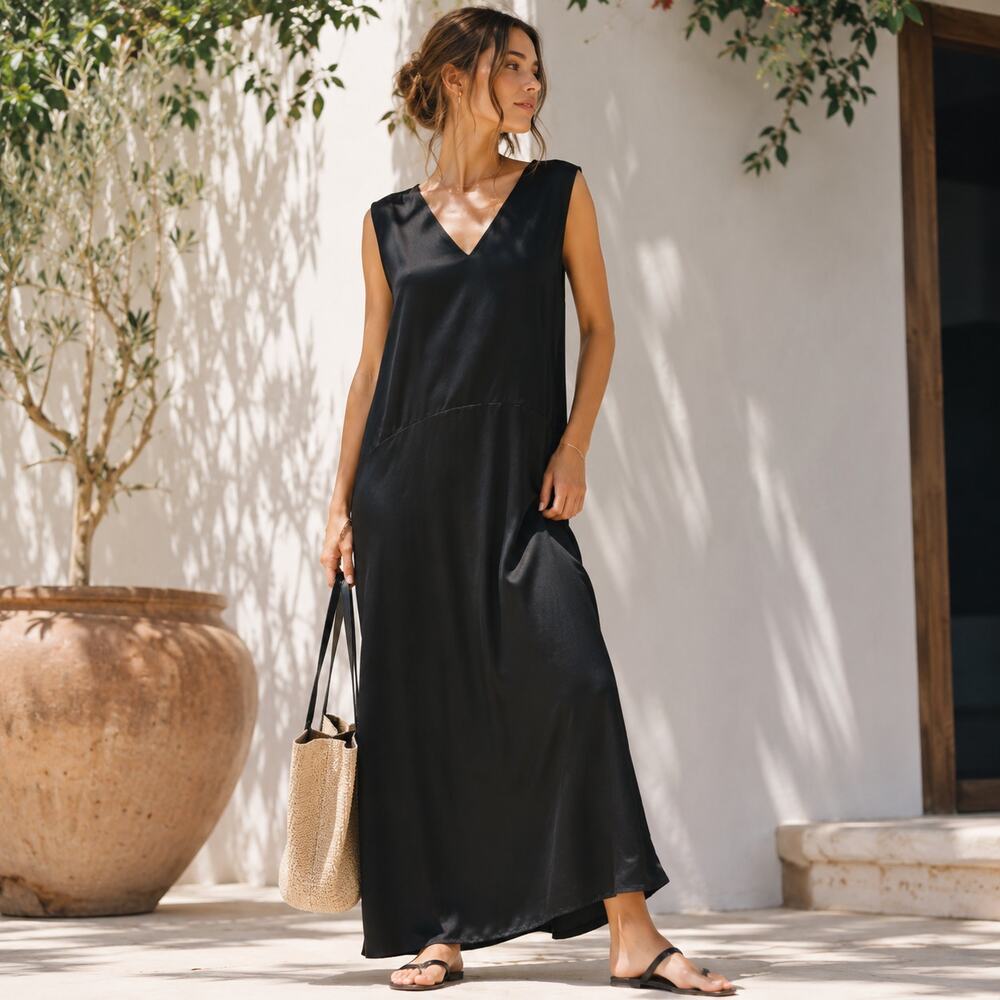 Everlane SZ XS The Satin V-Neck Maxi Dress Black NWT